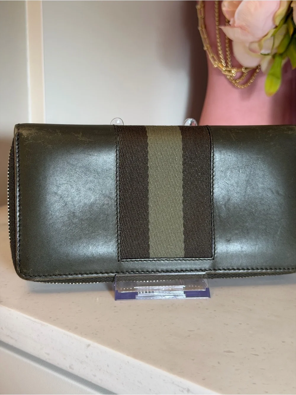 Gucci Olive and Dark Brown Stripe Zip Wallet